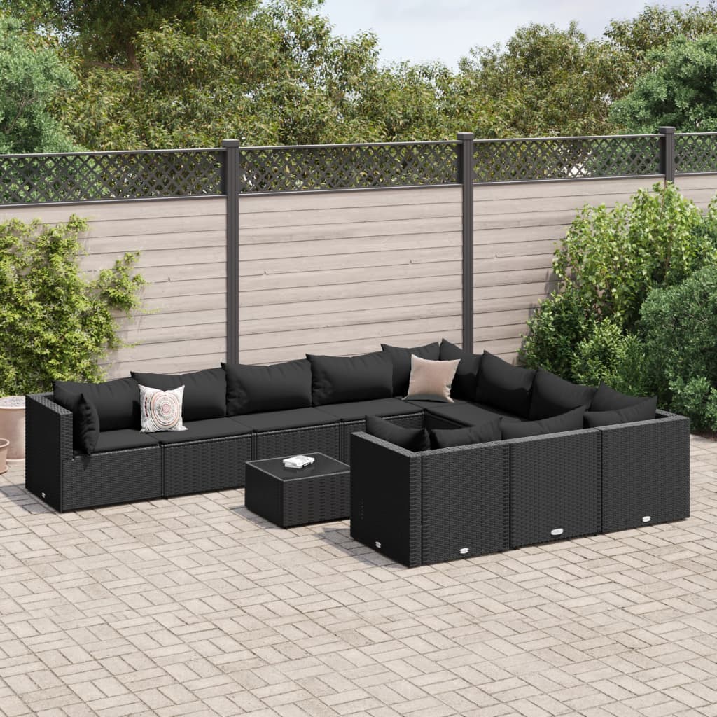 JUNG Vida 11-tlg. Garten-Sofagarnitur mit Kissen Schwarz Poly Rattan
