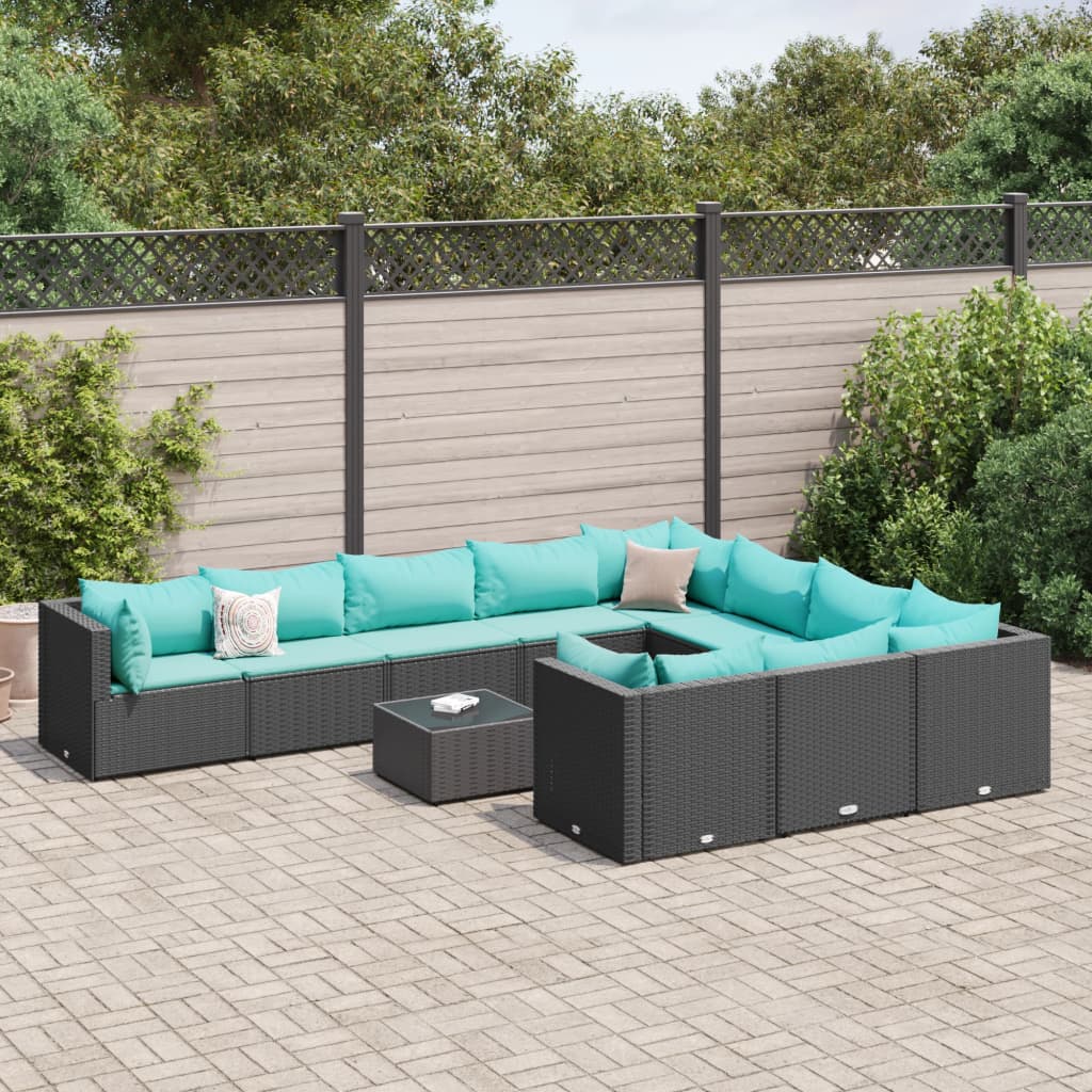 JUNG Vida 11-tlg. Garten-Sofagarnitur mit Kissen Schwarz Poly Rattan
