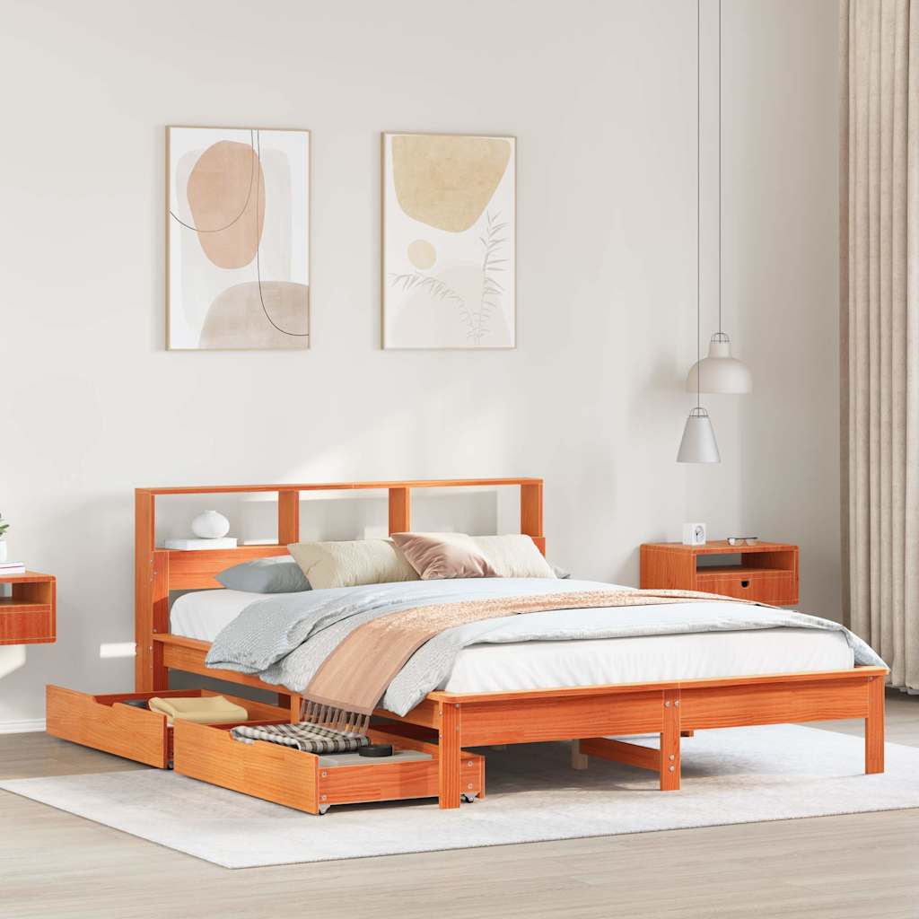 JUNG Vida Massivholzbett mit Regal ohne Matratze Wachsbraun 150x200 cm
