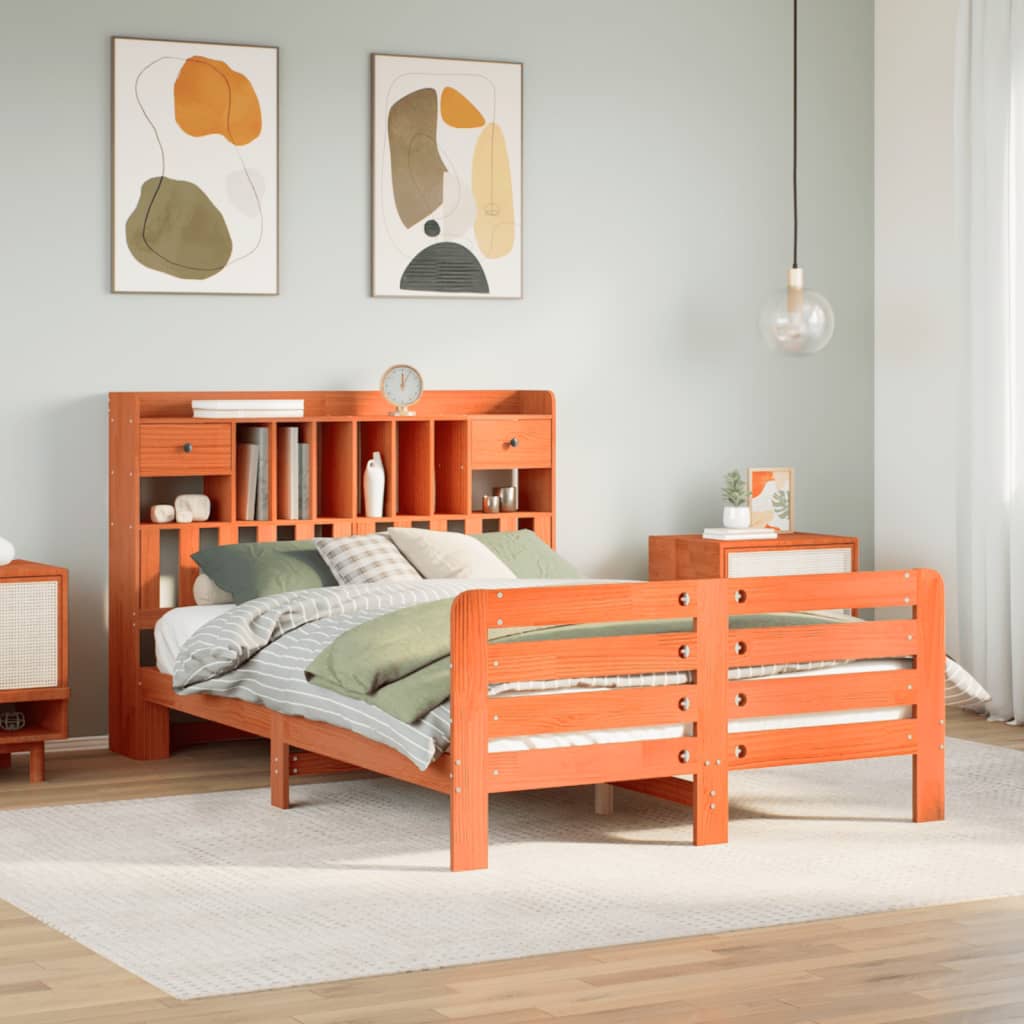 JUNG Vida Massivholzbett mit Regal ohne Matratze Wachsbraun 140x190 cm