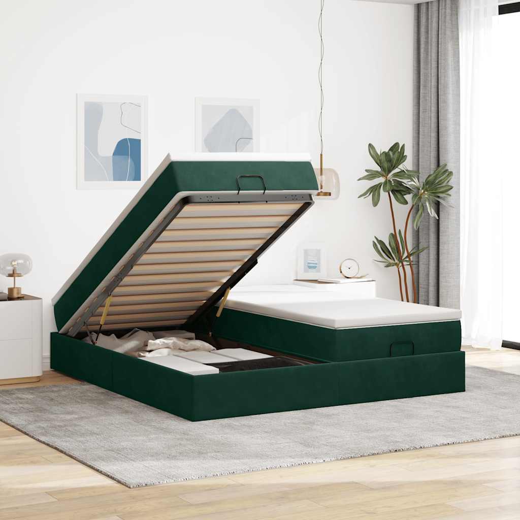 JUNG Vida Ottoman-Bett mit Matratzen Dunkelgrün 180x200 cm Samt