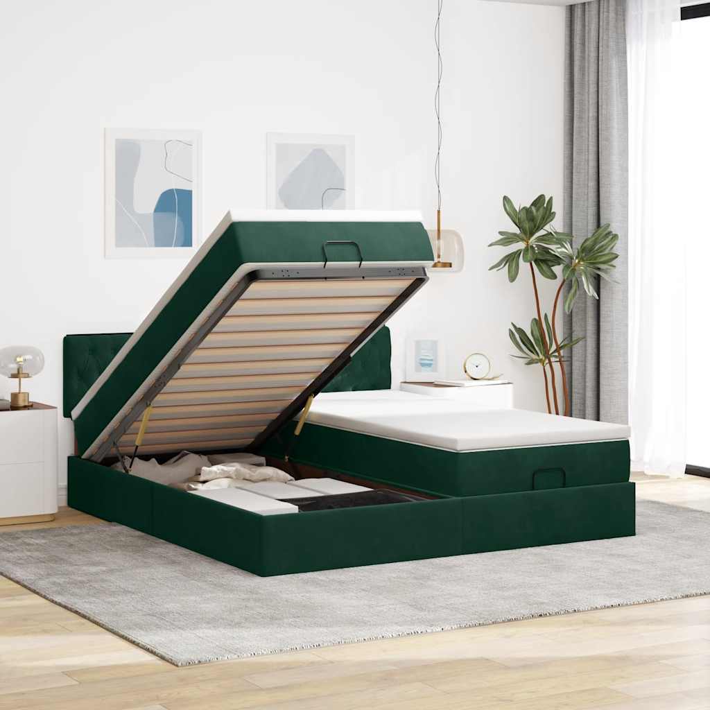 JUNG Vida Ottoman-Bett mit Matratzen Dunkelgrün 180x200 cm Samt