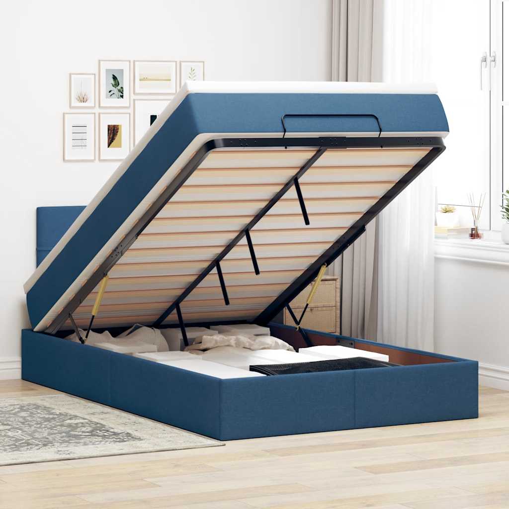 JUNG Vida Ottomane Bett mit Matratze & LEDs Blau 120x190 cm Stoff