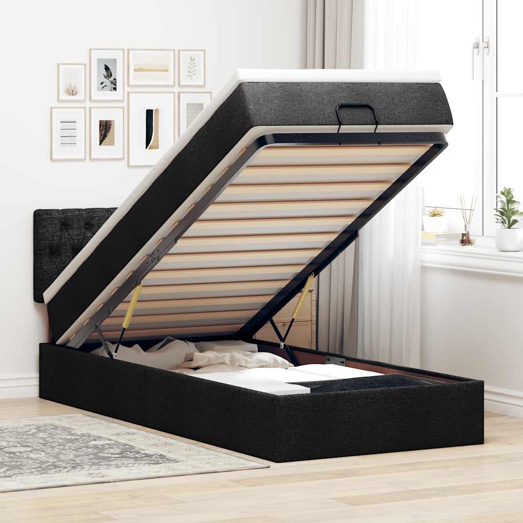 JUNG Vida Ottoman-Bett mit Matratze & LEDs Schwarz 100x200 cm Stoff