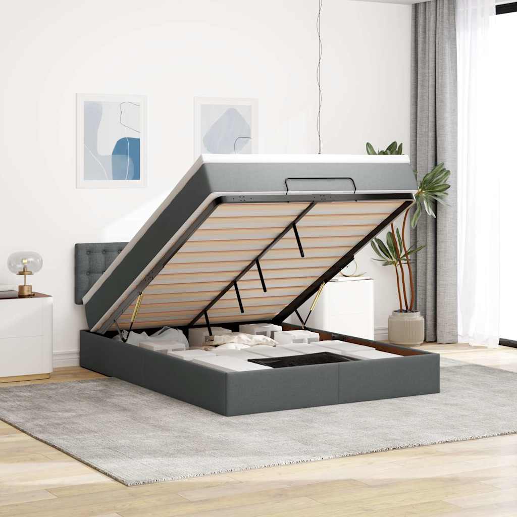 JUNG Vida Ottomane Bett mit Matratze & LEDs Dunkelgrau 140x200 cm Stoff