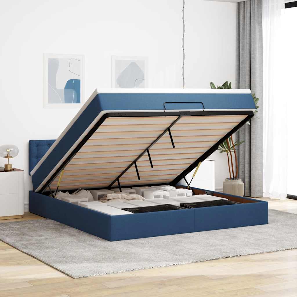 JUNG Vida Ottomane Bett mit Matratze & LEDs Blau 180x200 cm Stoff