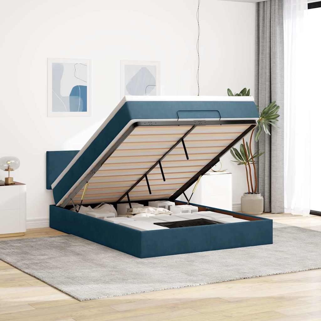 JUNG Vida Ottoman-Bett mit Matratze & LEDs Dunkelblau 140x200 cm Samt