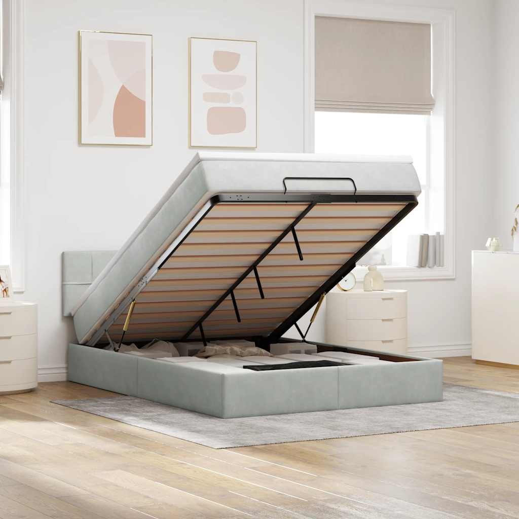 JUNG Vida Ottoman-Bett mit Matratze & LEDs Hellgrau 140x190 cm Samt