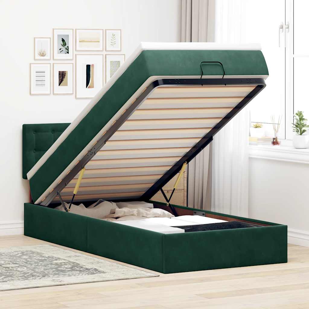 JUNG Vida Ottoman-Bett mit Matratze & LEDs Dunkelgrün 100x200 cm Samt