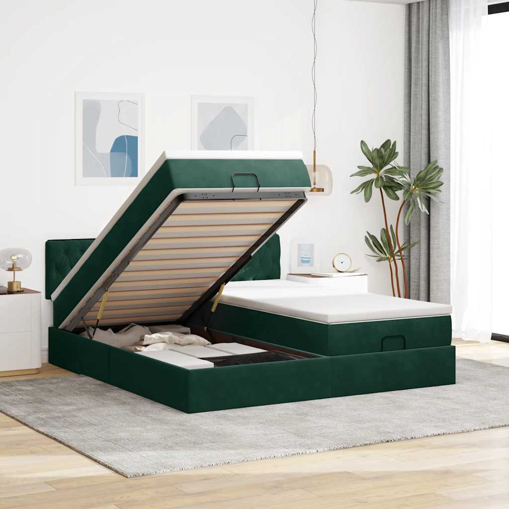 JUNG Vida Ottoman-Bett mit Matratzen & LEDs Dunkelgrün 180x200 cm Samt