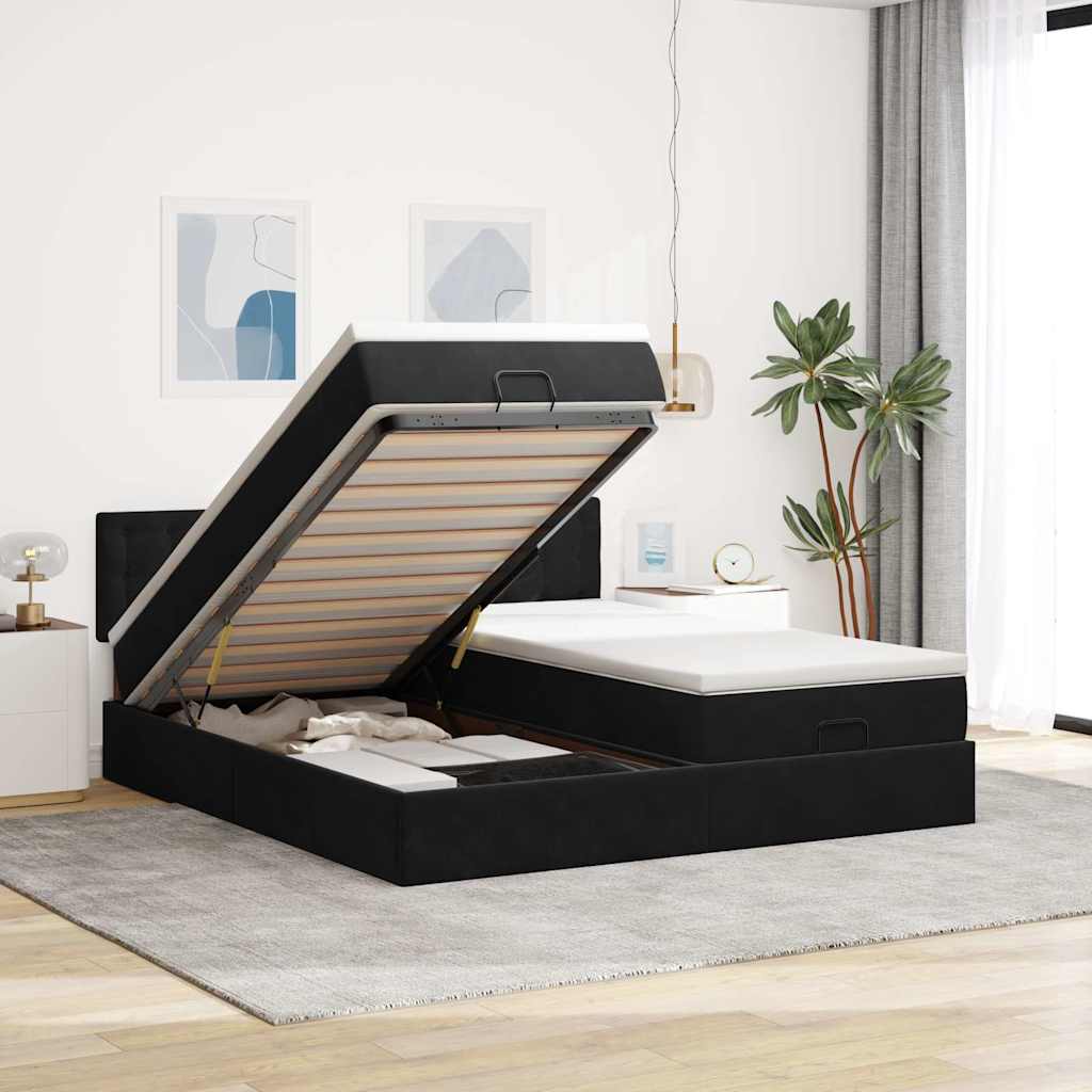 JUNG Vida Ottoman-Bett mit Matratzen & LEDs Schwarz 200x200 cm Samt