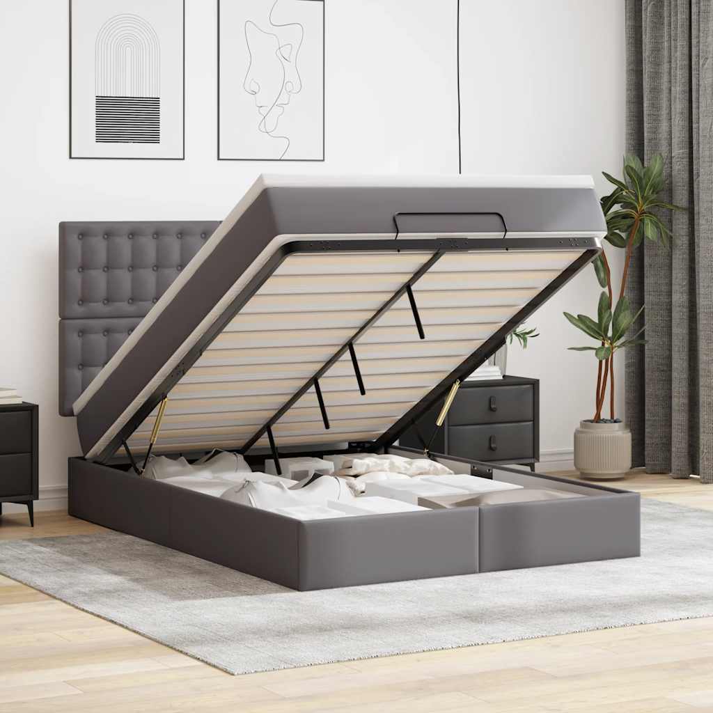 JUNG Vida Ottoman-Bett mit Matratze & LEDs Grau 140x200 cm Kunstleder