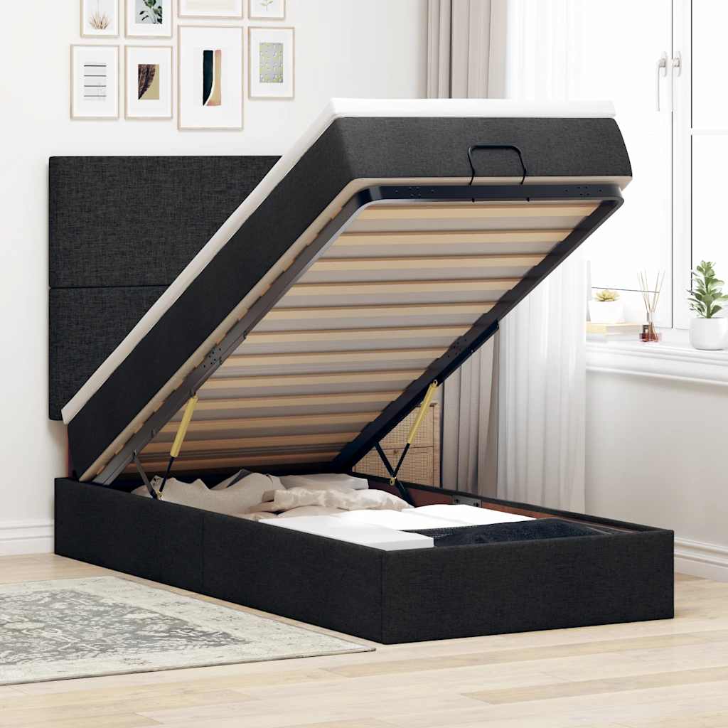 JUNG Vida Ottomane Bett mit Matratze & LEDs Schwarz 80x200 cm Stoff