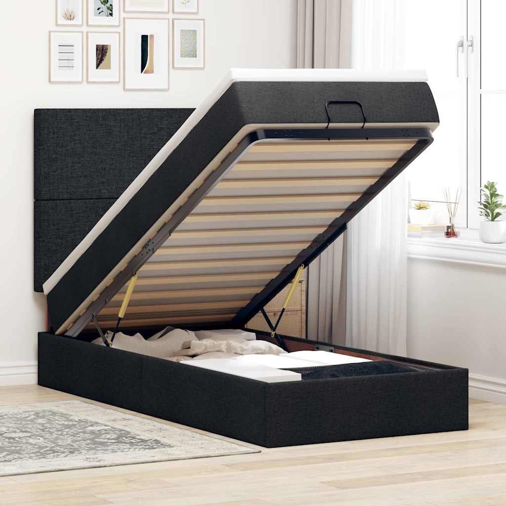 JUNG Vida Ottoman-Bett mit Matratze & LEDs Schwarz 100x200 cm Stoff