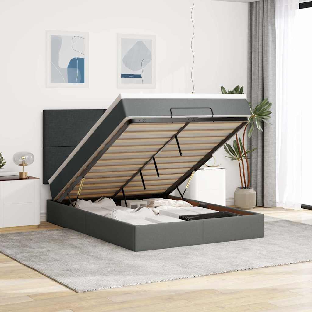 JUNG Vida Ottoman-Bett mit Matratze & LEDs Dunkelgrau 140x190 cm Stoff