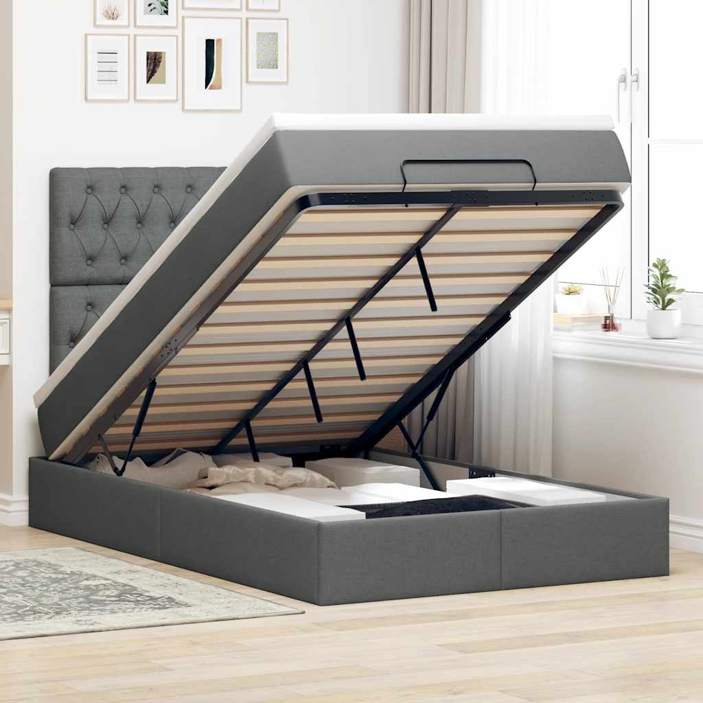 JUNG Vida Ottoman-Bett mit Matratze & LEDs Dunkelgrau 120x190 cm Stoff
