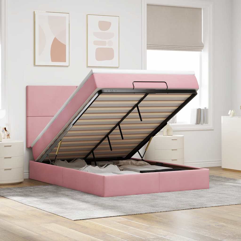 JUNG Vida Ottoman-Bett mit Matratzen & LEDs Rosa 140x200 cm Samt