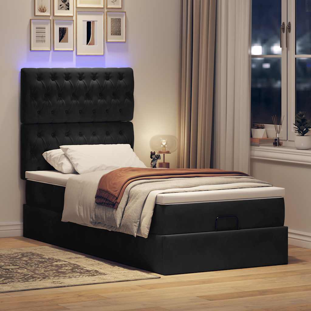 JUNG Vida Ottoman-Bett mit Matratzen & LEDs Schwarz 100x200 cm Samt