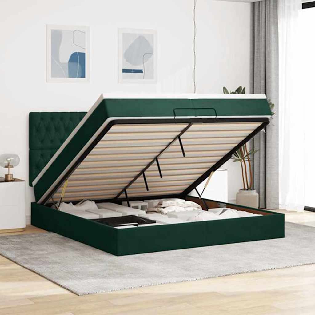 JUNG Vida Ottoman-Bett mit Matratzen & LEDs Dunkelgrün 200x200 cm Samt