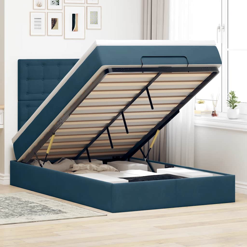 JUNG Vida Ottoman-Bett mit Matratzen & LEDs Dunkelblau 120x200 cm Samt