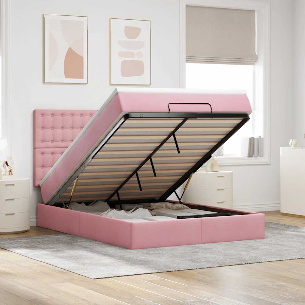 JUNG Vida Ottoman-Bett mit Matratzen & LEDs Rosa 140x200 cm Samt