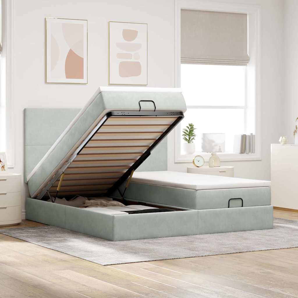 JUNG Vida Ottoman-Bett mit Matratzen & LEDs Hellgrau 180x200 cm Samt