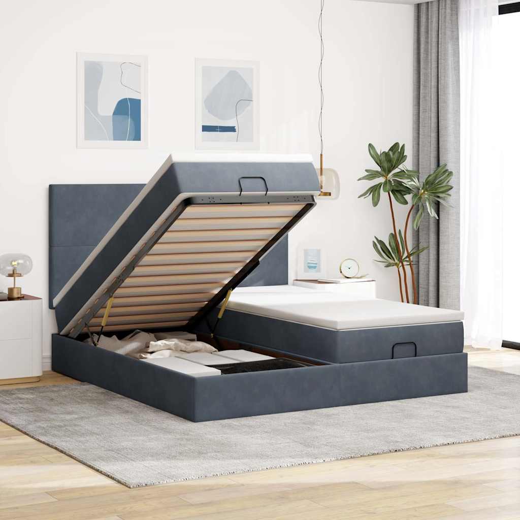 JUNG Vida Ottoman-Bett mit Matratzen & LEDs Dunkelgrau 200x200 cm Samt