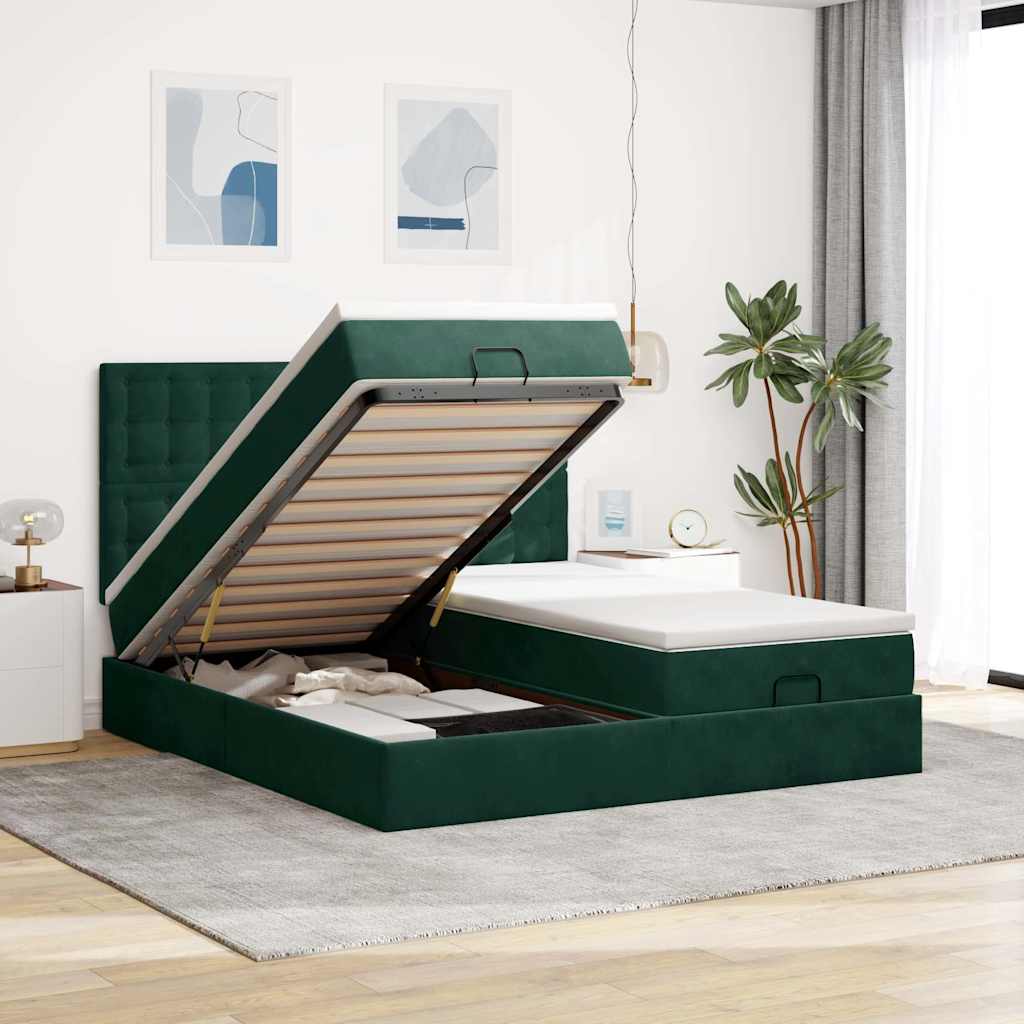 JUNG Vida Ottoman-Bett mit Matratzen & LEDs Dunkelgrün 180x200 cm Samt