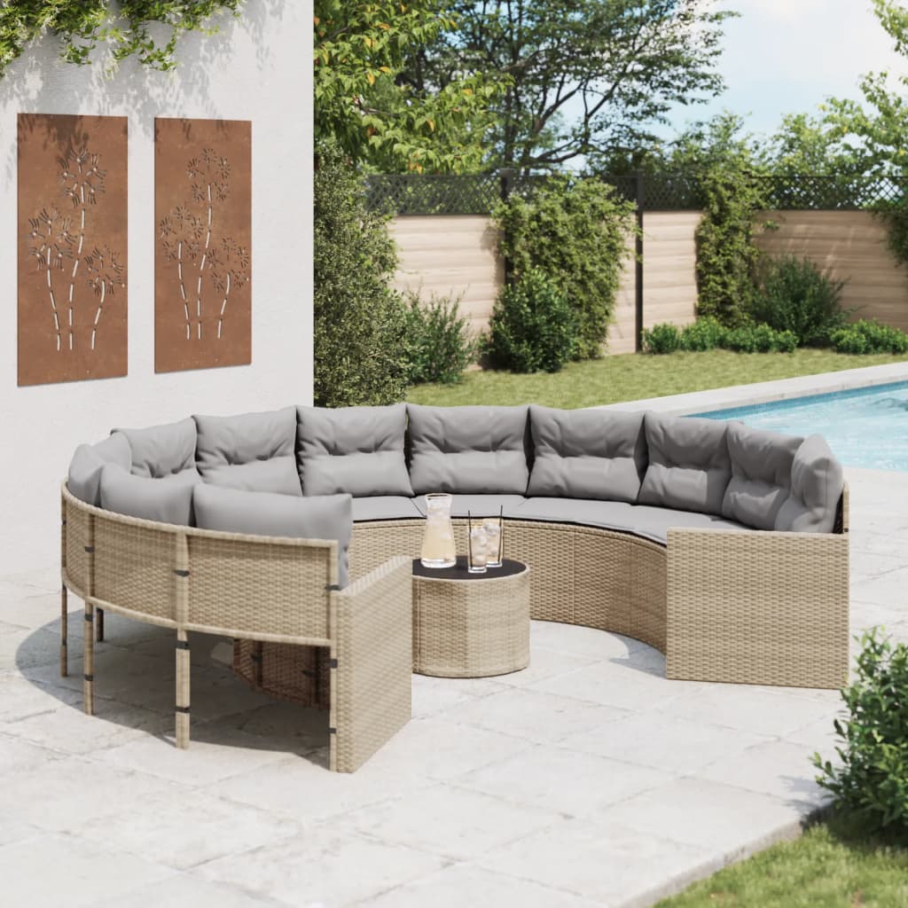 JUNG Vida Gartensofa mit Tisch und Kissen Rund Beige Poly-Rattan