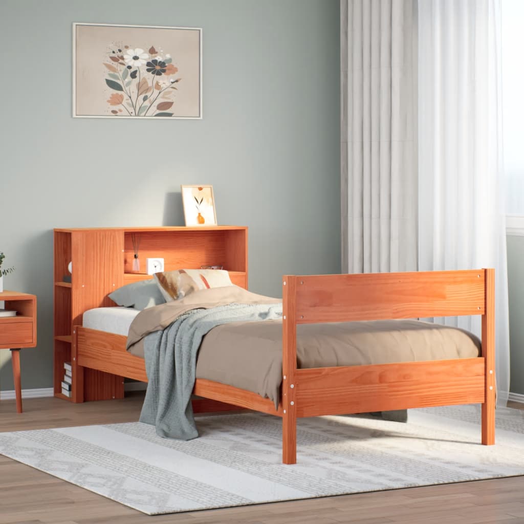 JUNG Vida Massivholzbett mit Regal ohne Matratze Wachsbraun 75x190 cm