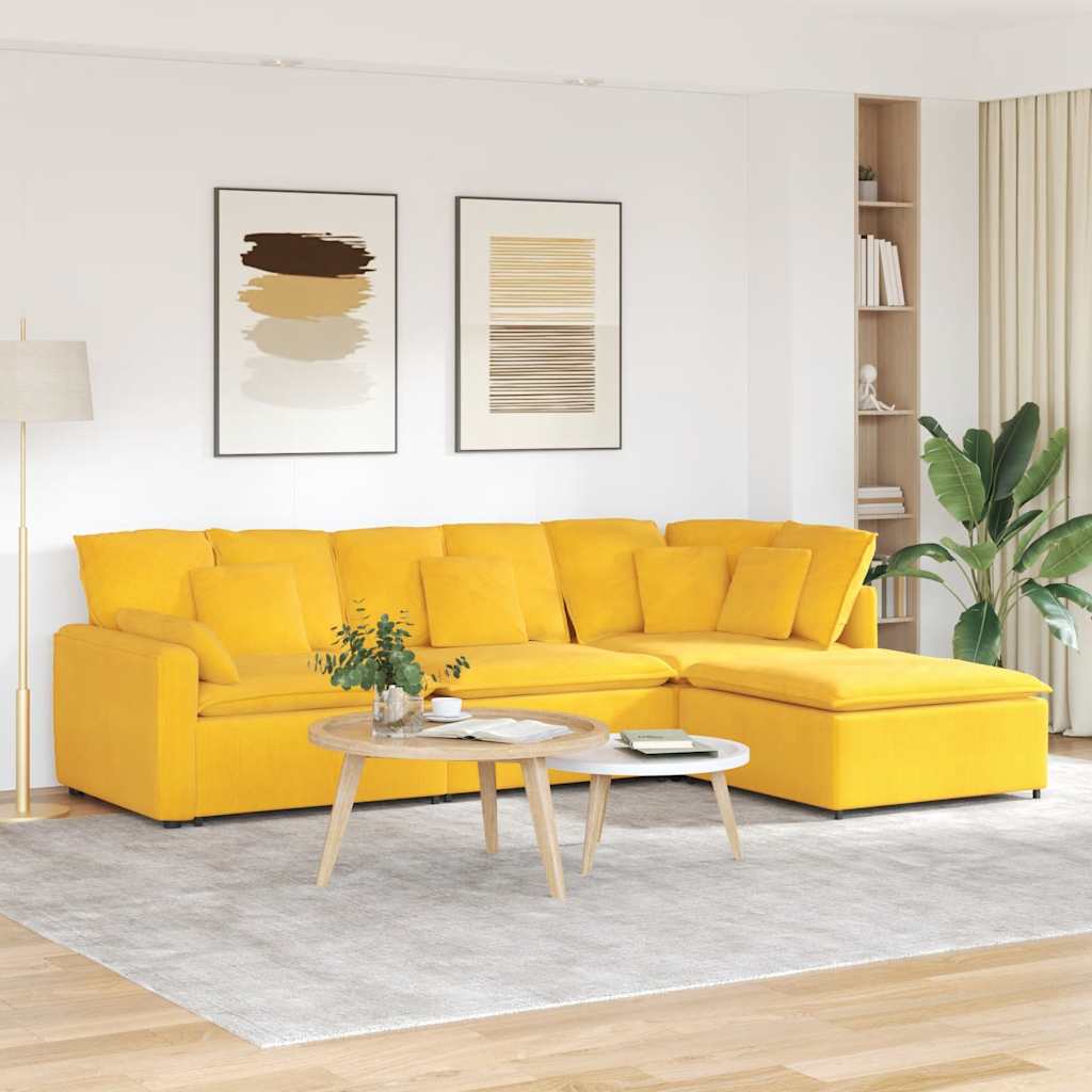 JUNG Vida Modulares Sofa mit Fußhocker Kissen Cordstoff Hellgelb