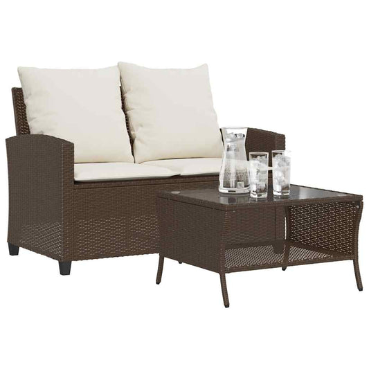 JUNG Vida Gartensofa 2-Sitzer mit Kissen & Tisch Braun Poly Rattan
