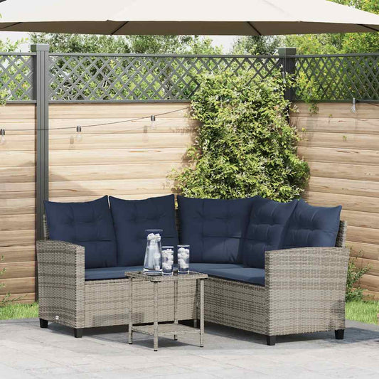 JUNG Vida Gartensofa in L-Form mit Tisch und Kissen Grau Poly Rattan