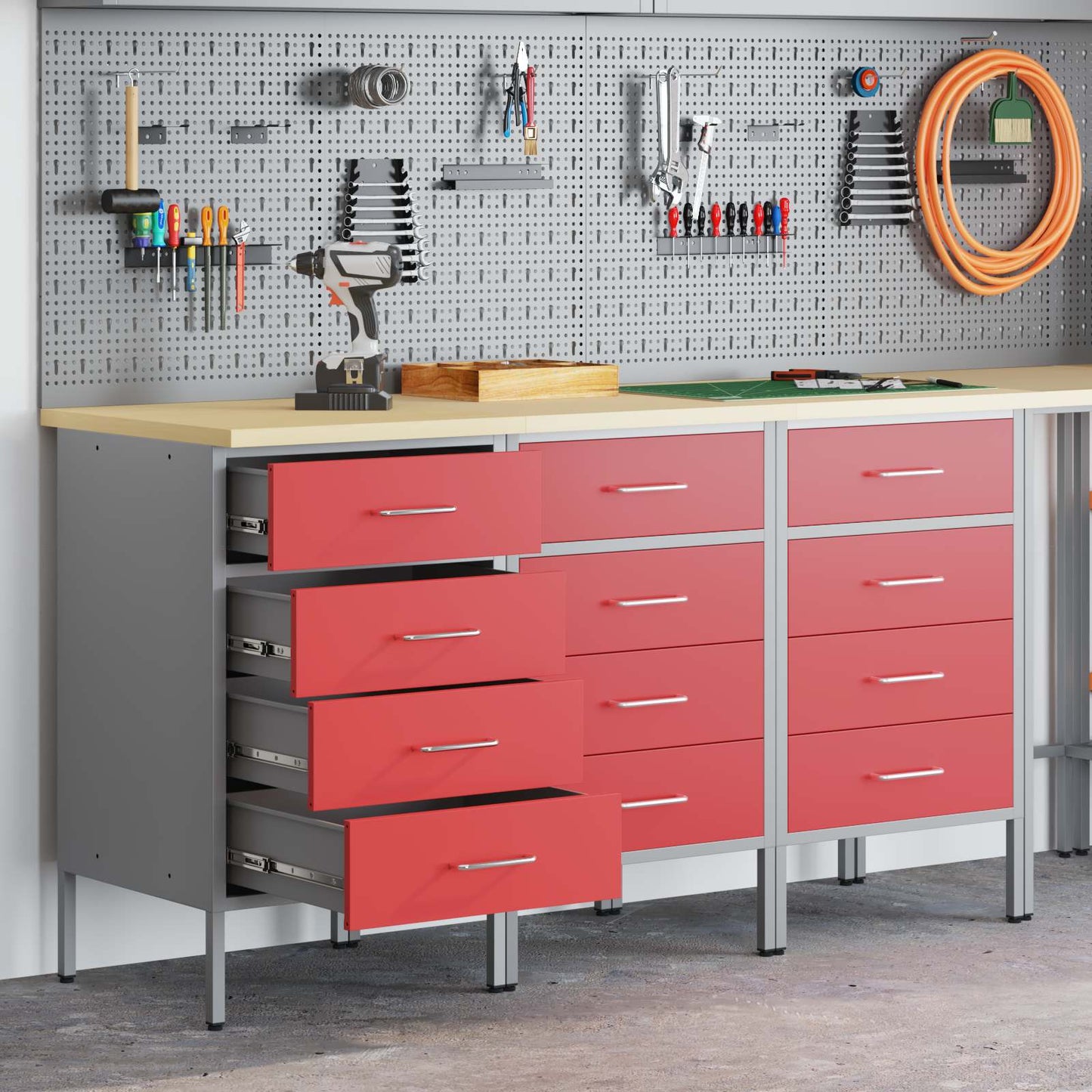 JUNG Vida Werkbank mit Schubladen 3 pcs Rot und Grau 75 x 45 x 85 cm