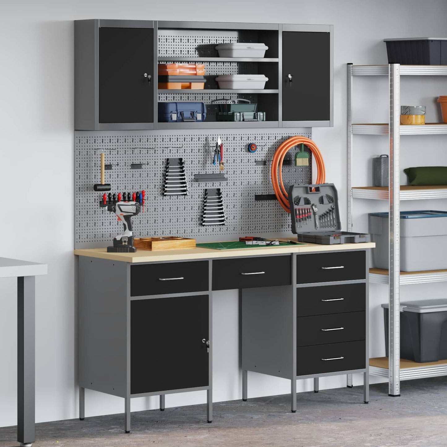 JUNG Vida Werkbank mit Schubladen 8 pcs Schwarz Ingenieure Holz und Stahl