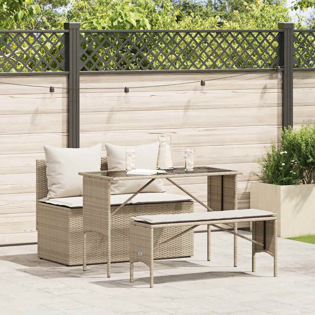 JUNG Vida 3-tlg. Garten-Essgruppe mit Kissen Beige Poly Rattan