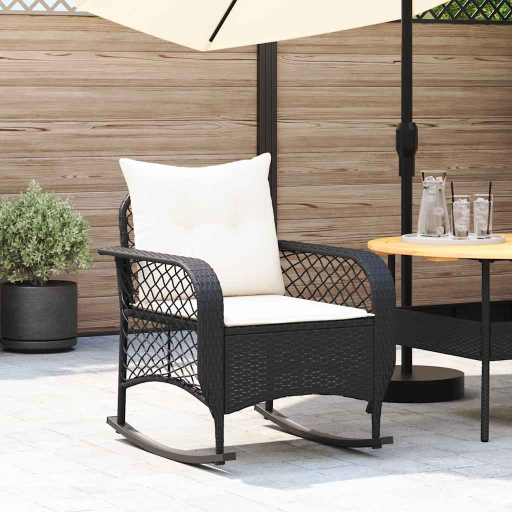 JUNG Vida Garten-Schaukelstuhl mit Kissen Schwarz Poly Rattan