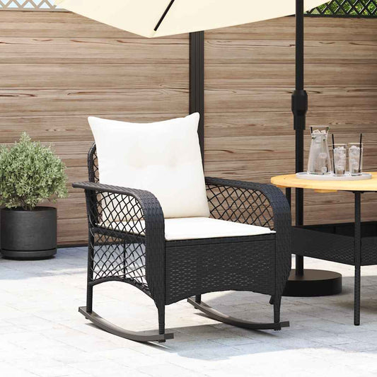 JUNG Vida Garten-Schaukelstuhl mit Kissen Schwarz Poly Rattan