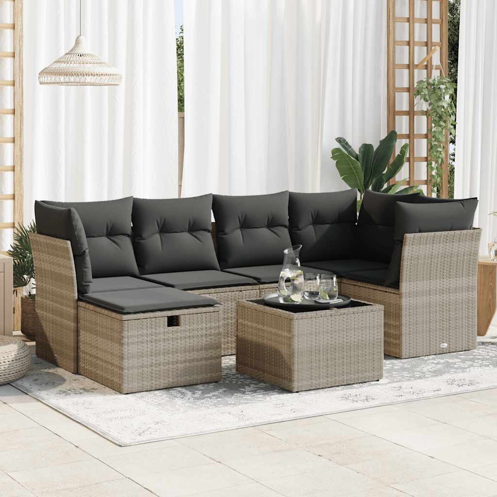 JUNG Vida 7-tlg. Garten-Sofagarnitur mit Kissen Hellgrau Poly Rattan