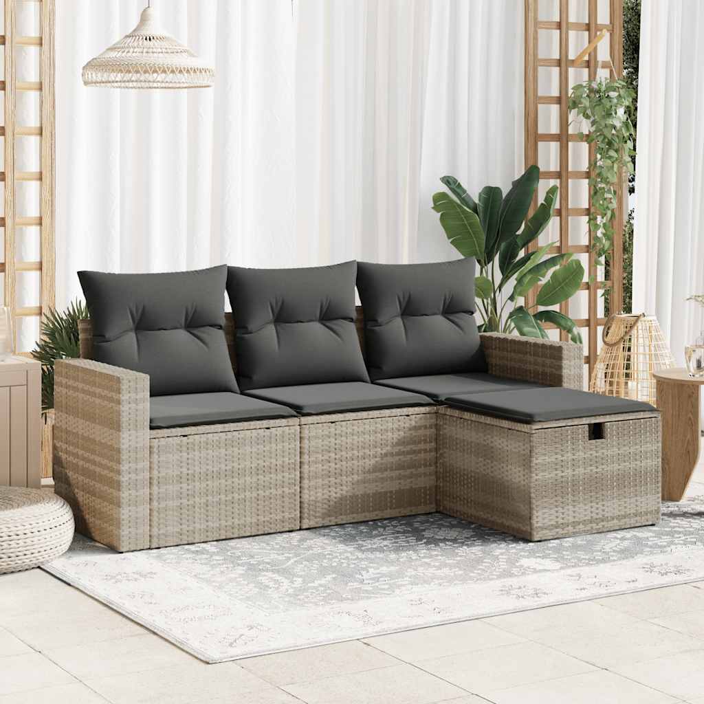 JUNG Vida 4-tlg. Garten-Sofagarnitur mit Kissen Hellgrau Poly Rattan