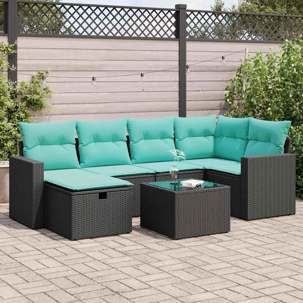 JUNG Vida 7-tlg. Garten-Sofagarnitur mit Kissen Schwarz Poly Rattan