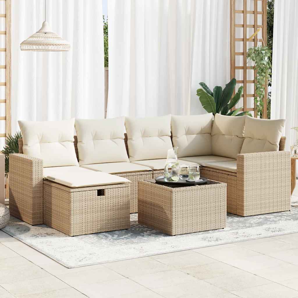 JUNG Vida 7-tlg. Garten-Sofagarnitur mit Kissen Beige Poly Rattan