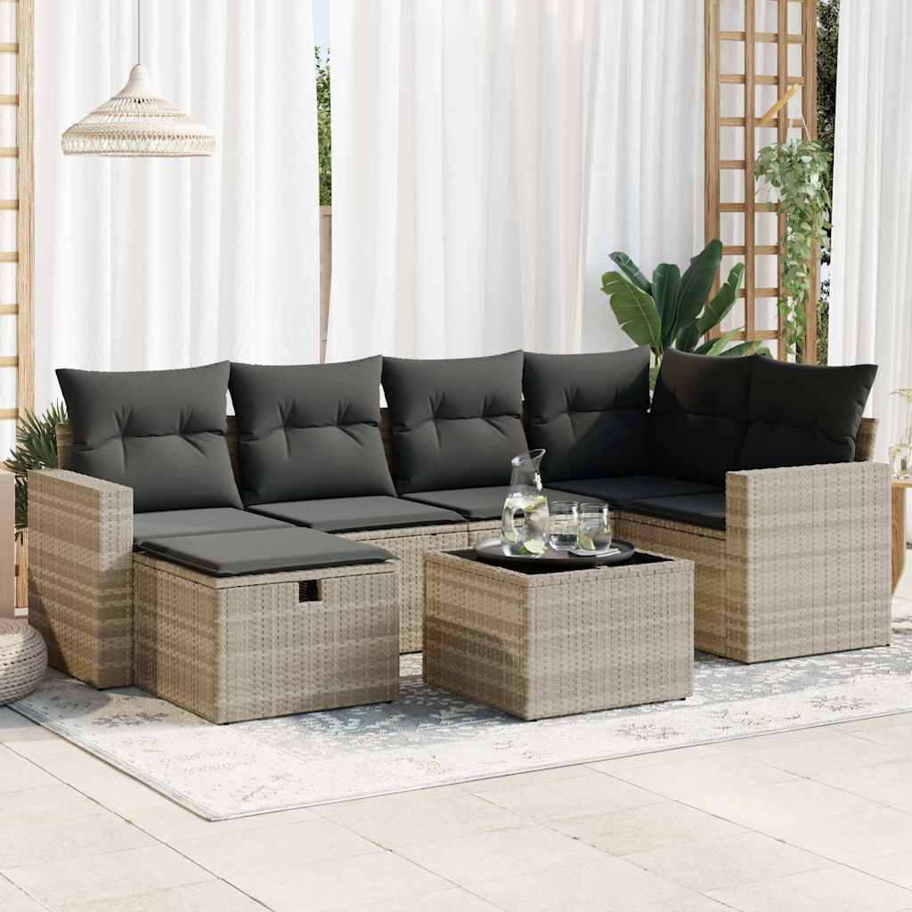 JUNG Vida 7-tlg. Garten-Sofagarnitur mit Kissen Hellgrau Poly Rattan