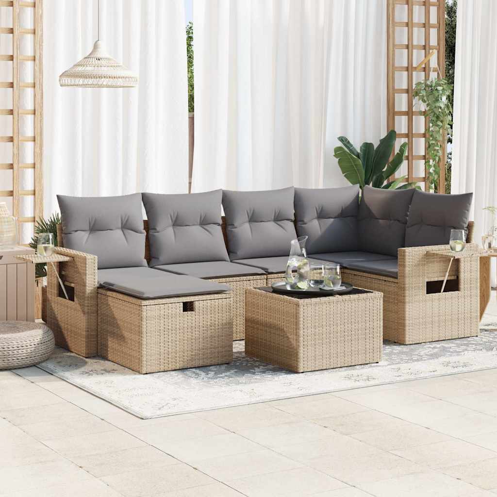 JUNG Vida 7-tlg. Garten-Sofagarnitur mit Kissen Beige Poly Rattan