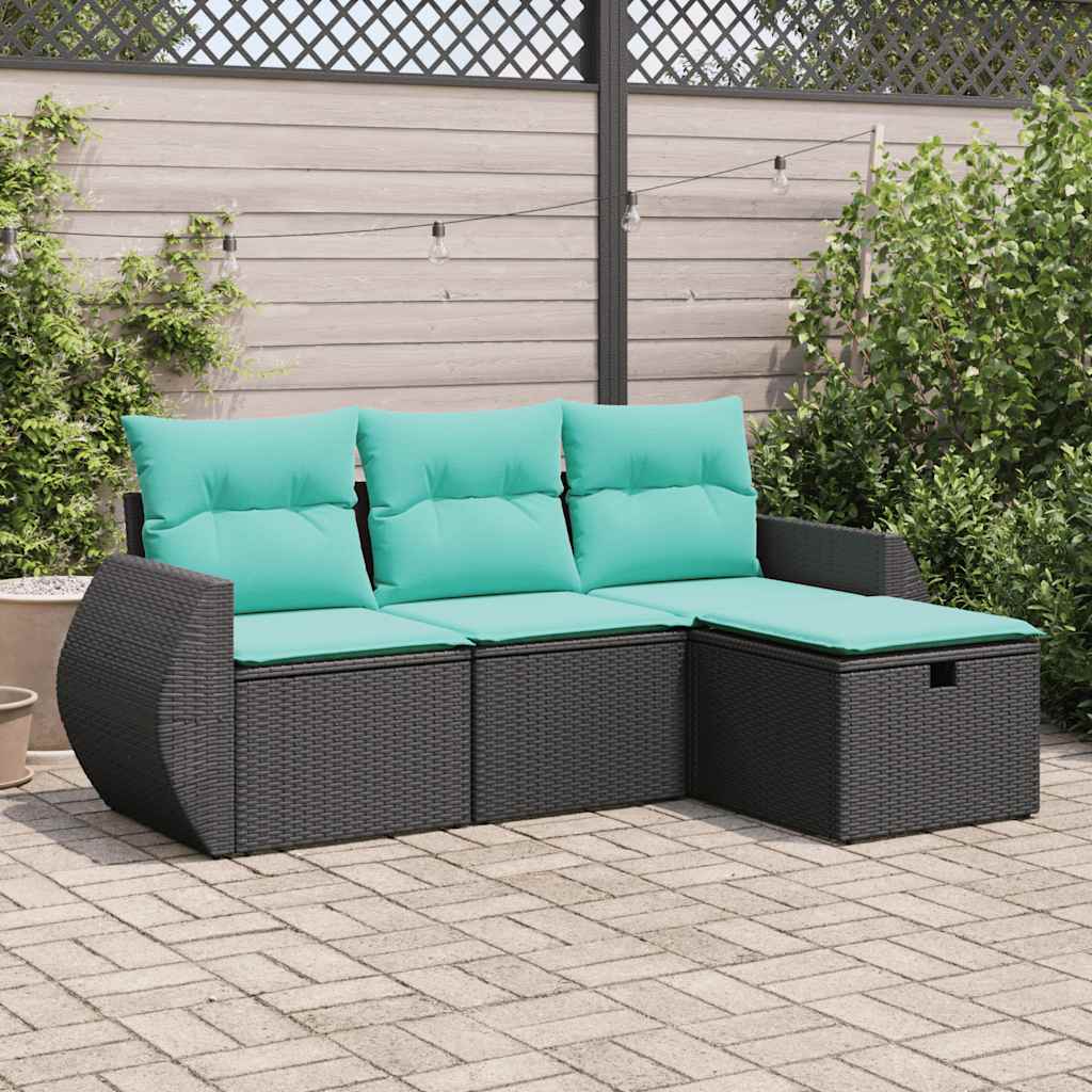 JUNG Vida 4-tlg. Garten-Sofagarnitur mit Kissen Schwarz Poly Rattan
