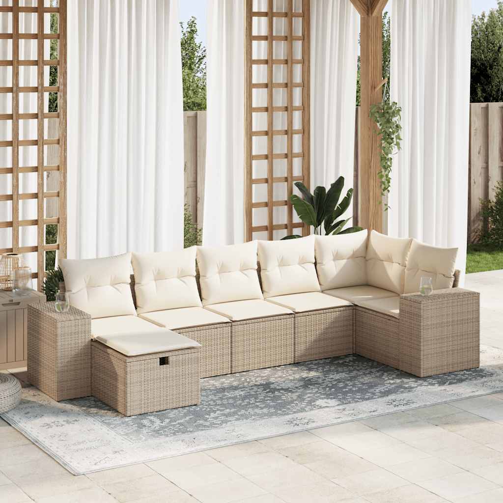 JUNG Vida 7-tlg. Garten-Sofagarnitur mit Kissen Beige Poly Rattan