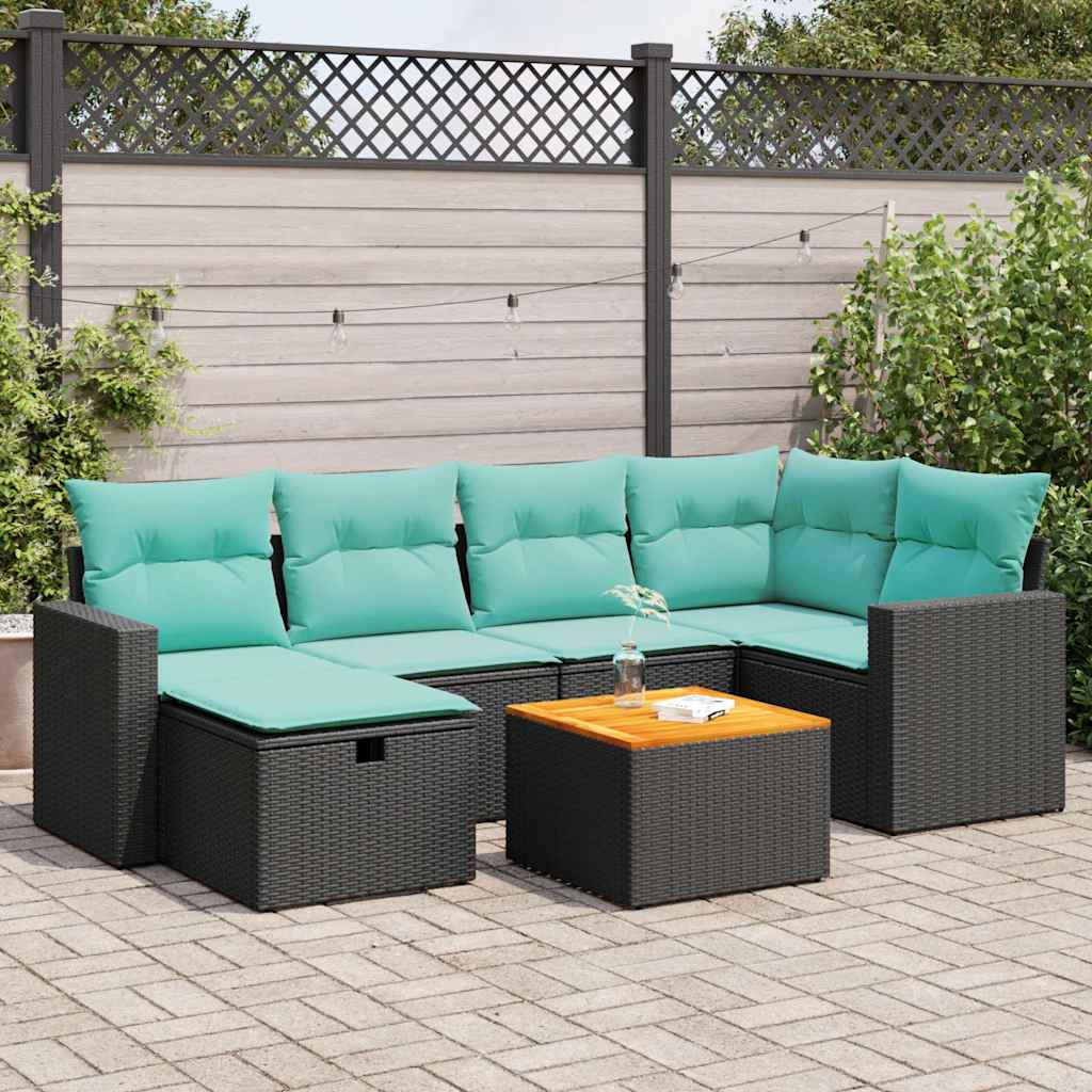 JUNG Vida 7-tlg. Garten-Sofagarnitur mit Kissen Schwarz Poly Rattan