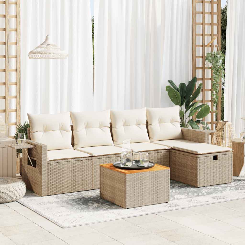 JUNG Vida 6-tlg. Garten-Sofagarnitur mit Kissen Beige Poly Rattan