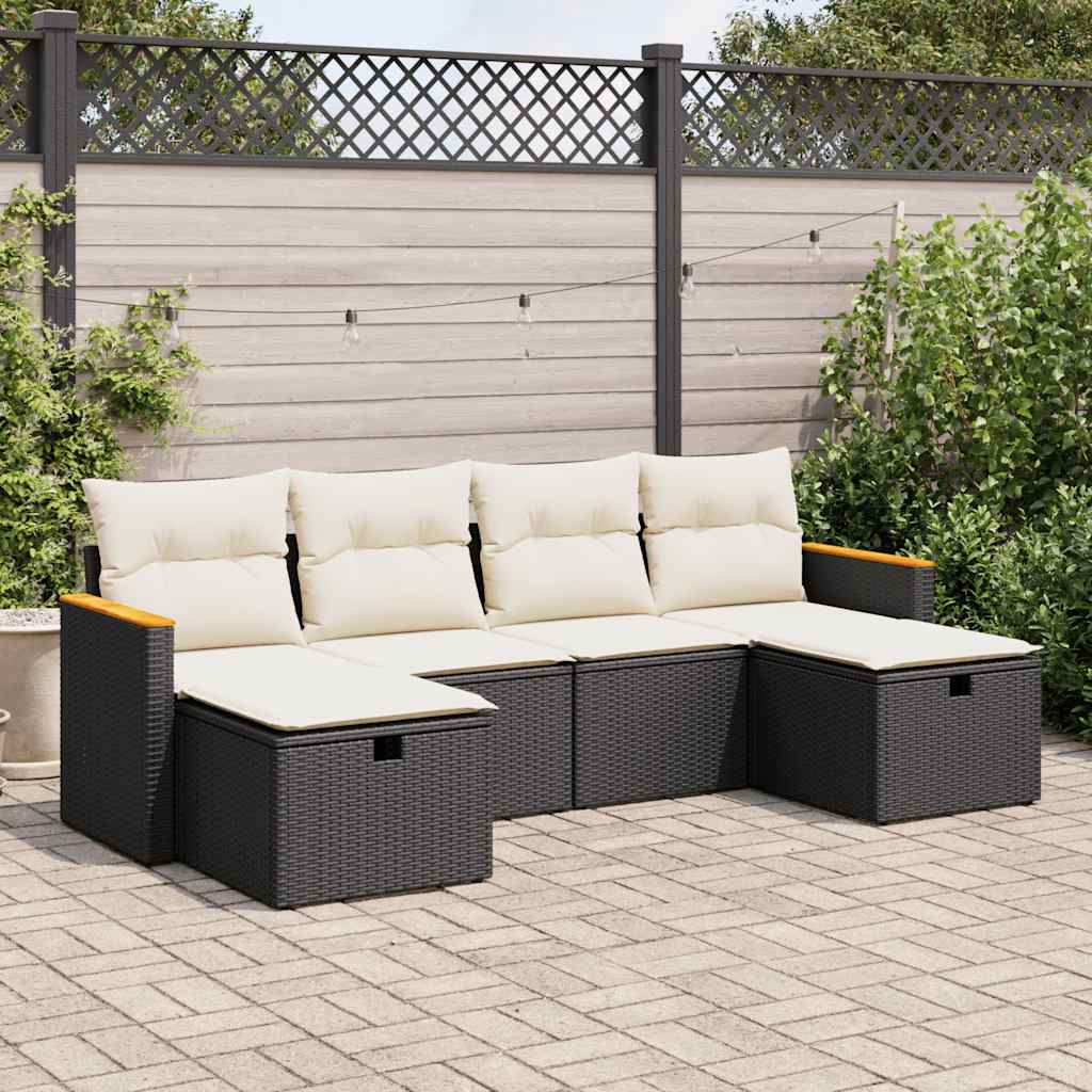 JUNG Vida 6-tlg. Garten-Sofagarnitur mit Kissen Schwarz Poly Rattan