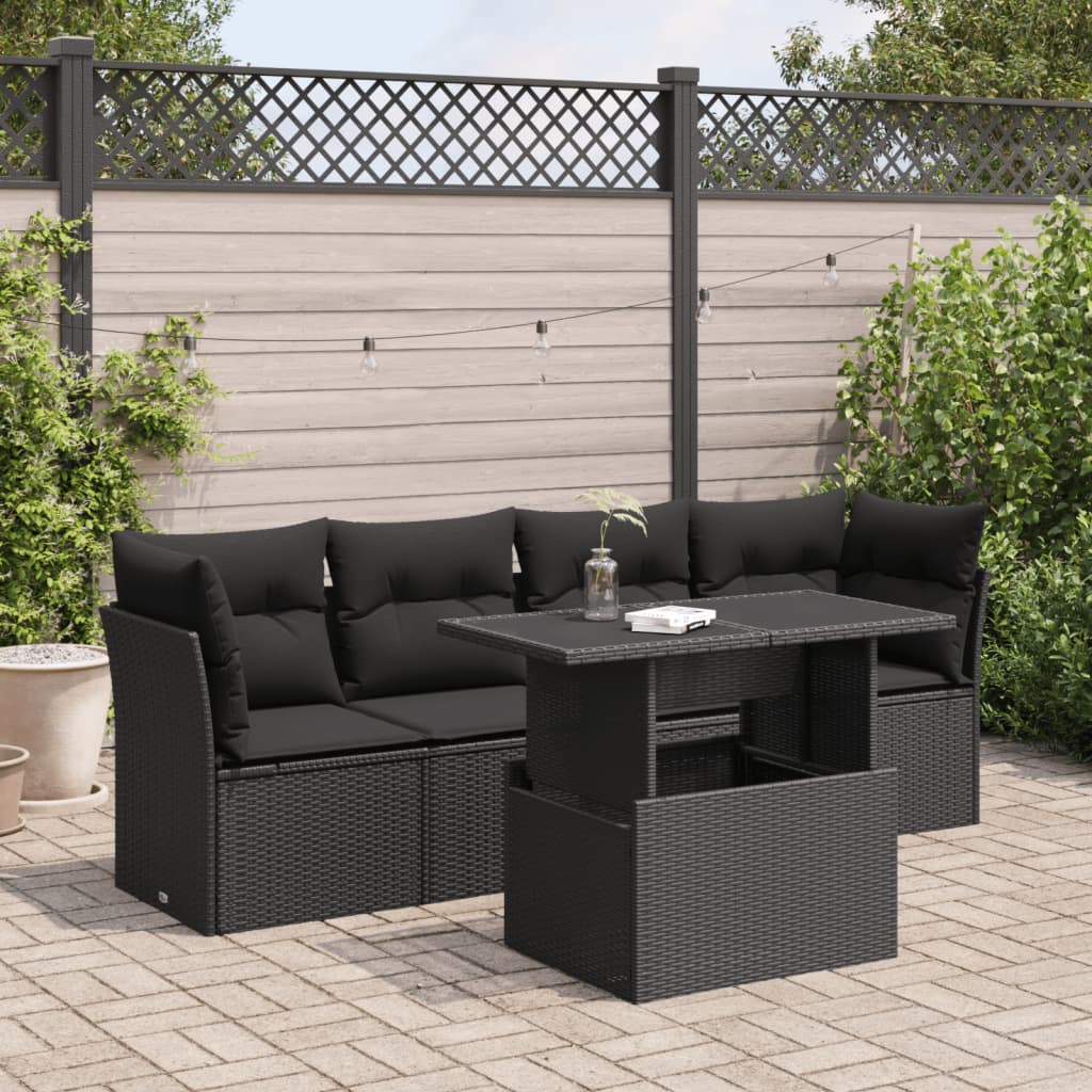 JUNG Vida 5-tlg. Garten-Sofagarnitur mit Kissen Schwarz Poly Rattan